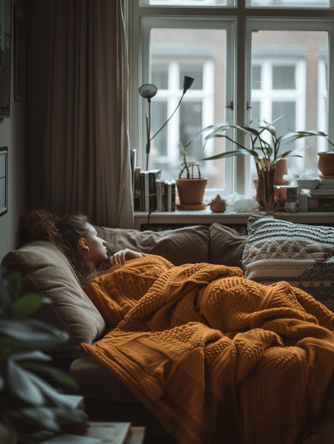 Couch Under Window, Yoga Meditation Corner, Woman Cave Ideas, Sleeping On Couch, Photography References, Orange Blanket, Meditation Corner, Velvet Furniture, Velvet Couch