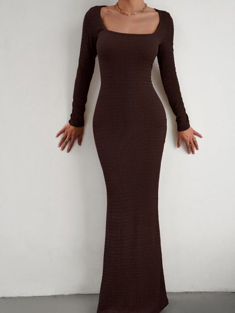 ❤️ New Ladies Fit Square Neck Long Sleeve Knitted Dress 🛒 ladyros.com 🇺🇸 Fall Dress Brown, Long Sleeve Bodycon Dress Parties, Elegant Bodycon Dress Long, Long Bodycon Dress Outfit, Long Dress Bodycon, Mba Graduation, Knitted Maxi Dress, Dazzling Jewelry, Coquette Core