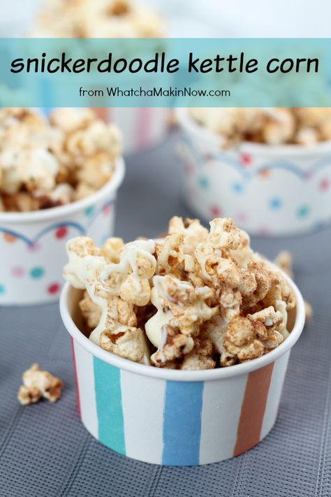 Snickerdoodle Kettle Corn - crazy easy and delicious! Makes a great snack or package as gifts. Gourmet Popcorn Recipes, Popcorn Dessert, Flavored Popcorn Recipes, Kettle Corn Recipe, Kitchen Junk Drawer, Microwave Brownie, Popcorn Recipes Easy, Kettle Popcorn, Caramel Coconut