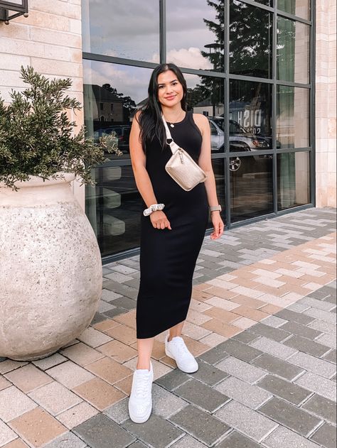 Black Dress With Sneakers, Dress White Sneakers, Walk Outfit, Wine Walk, Fall Fashion Casual, Black Ribbed Dress, White Sneakers Outfit, Dress Sneakers, Long Black Maxi Dress