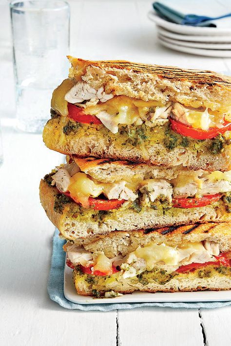 Chicken and Fontina Panini | Perfect for lunch or dinner, this panini uses rotisserie chicken to come together in just 15 minutes. #dinner #recipes #easy #meals #southernliving Eggplant Bacon, Leftover Chicken Recipes Easy, Easy Packed Lunch, Eggplant Sandwich, Panini Recipes, Leftover Chicken Recipes, Shredded Chicken Recipes, Grilled Sandwich, Leftover Chicken