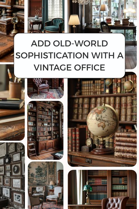 Vintage office tips and ideas to help you add some sophistication to your home office. Antique Home Office Ideas, Old World Office Decor, Roll Top Desk Office Ideas, Dark Academia Decor Office, Vintage Post Office Aesthetic, Vintage Home Office Decor, Vintage Home Inspiration, Old Money Office Decor, Vintage Bookshelf Decor