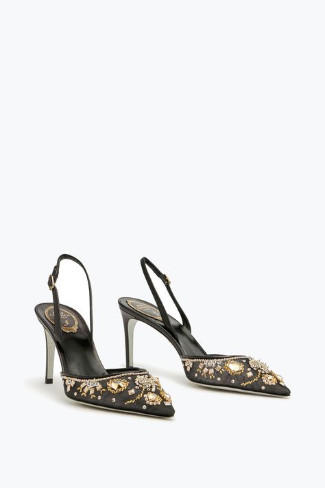 Aretha Black Slingback With Crystals 80 Luxury Black Slingback Heels, Embellished High Heel Black Slingback Pumps, Glamorous Black Embellished Slingback Pumps, Black Embellished Slingback Heels, Rene Caovilla Heels Vintage, Formal Heels, Platform Flats, Glitter Heels, Rene Caovilla