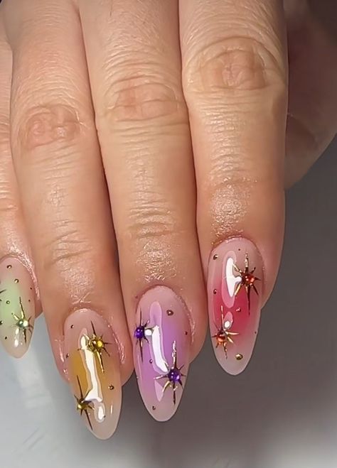 Astral Nail Art, Gel Charm Nails, Aura Nails Different Colors, Moody Nail Art, Crazy Fun Nails, Whimsical Nails Short, Faerie Nails, Colorful Aura Nails, Dreamy Nail Art