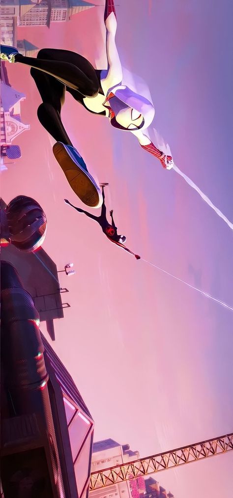 Spider Man Into Spiderverse, Miles And Gwen Swinging, Spiderwoman Wallpaper, Spider Gwen And Miles Morales, Miguel O'hara Wallpaper Pc, Spider Gwen Wallpaper, Spiderman Across The Spider Verse, Spiderman And Spider Gwen, Marvel Phone Wallpaper