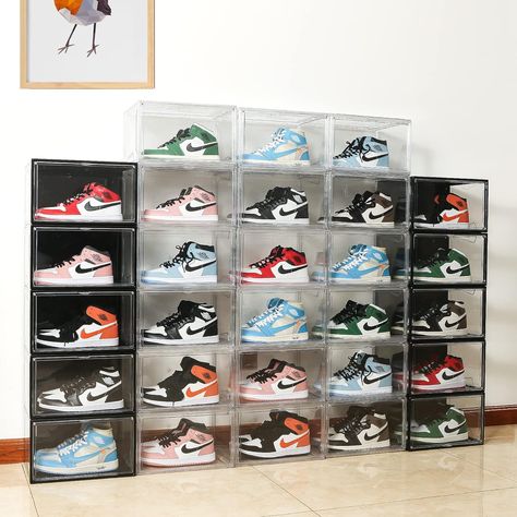 8 Pack Acrylic Shoe Storage Boxes with Magnetic Door! Love this! My husband's love for Jordans is out of this world! This is perfect for organization, and we can see every sneak and it brilliance! Shoe Display Case, Shoe Storage Boxes, Shoe Box Storage, Sneaker Storage, Magnetic Door, Professional Shoes, Nike Jordan Retro, Custom Packaging Boxes, Shoe Boxes