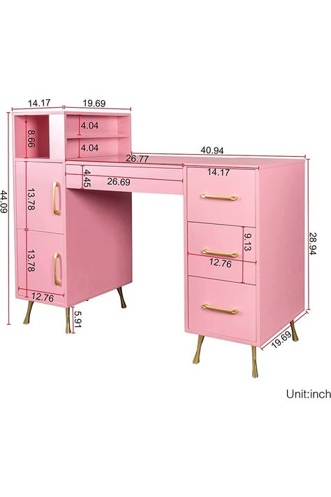 Furnicare Manicure Table, Nail Makeup Desk with Drawers, Nail Table for Nail Tech, Makeup Storage, Resistant Beauty Salon Desk Nail Art Equipment with Metal Handles, Golden Legs, Pink Diy Nail Desk, Nail Desk, Nail Makeup, Makeup Desk, Bedroom Dressing, Manicure Table, Vanity Room, Large Cabinet, Desk And Chair Set