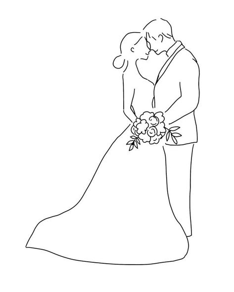 Wedding Outline Drawing, Bride And Groom Outline Drawing, Wedding Couple Line Art, Wedding Drawing Easy, Wedding Drawing Couple, Married Drawing, Wedding Couple Drawing, Bride And Groom Drawing, Bride And Groom Art