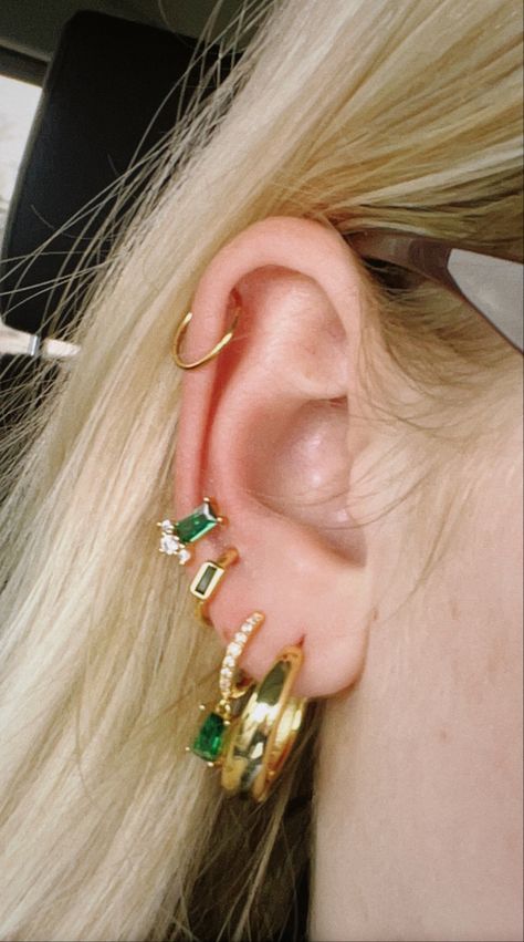 Hoop Earring Stack, Emerald Gold Earrings, Gold Hoop Earring, Earring Stack, Wedding Jewellery Collection, Ear Stack, Wedding Jewellery, Jewellery Collection, Gold Hoop