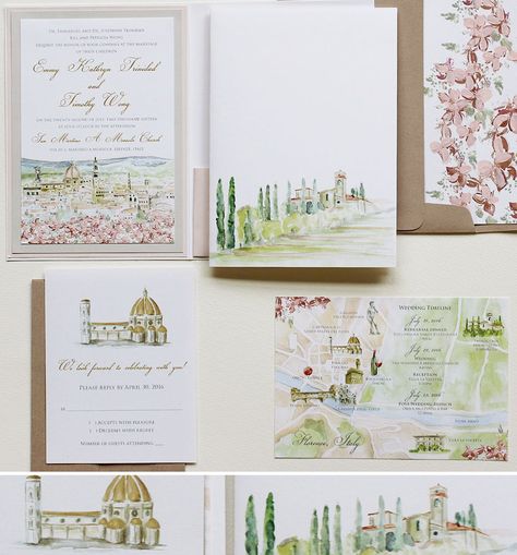 Pastel watercolor wedding invite with a stunning view of Florence, Italy. #momentaldesigns  #kristyrice  #italywedding  #handpaintedinvite  #landscapeinvite  #watercolorwedding #italywedding  #italian  #italy  #italianlandscape  #italy  #florenceitaly  #florencewedding  #florenceinvite Wedding Bomboniere, Wedding Invitations Watercolor, Painted Wedding Invitation, Watercolour Wedding Stationery, Florence Wedding, Tuscan Wedding, Hand Painted Wedding, Country Wedding Invitations, Wedding Timeline