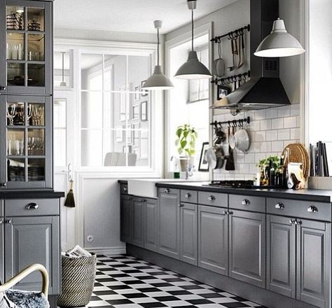 Ikea Bodbyn Fitted Kitchen - Grey Bohemian Kitchens, Dapur Ikea, Grey Cupboards, Kitchen Ikea, Ikea Kitchen Cabinets, Black Countertops, Kabinet Dapur, Stainless Kitchen, Cabinets White