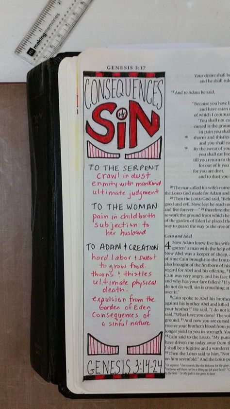 Genesis 3:14-24. The consequences of sin as revealed in the story of Adam and Eve. Genesis 2 Bible Journaling, Messy Bible, Adam And Eve Bible, Jesus Journal, Bible Journaling For Beginners, Bible Journaling Supplies, Verse Mapping, Message Bible, Bible Doodling