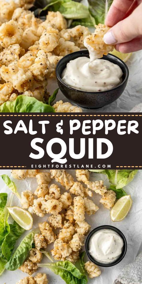 Looking for more delicious food for dinner? This Salt and Pepper Squid starts with bites of perfectly seasoned squid served with a squeeze of lemon and a creamy garlic aioli. Pin this simple seafood recipe! Squid Tubes Recipes, Canned Squid Recipes, Salt And Pepper Squid Recipe, Squid Recipes Easy, Stuffed Squid Recipes, Tartare Recipe, Salt And Pepper Squid, Food For Dinner, Deep Fried Recipes