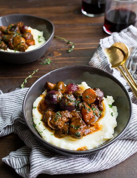 Beef Bourguignon Recipe for Two people. Romantic dinner for two for Valentine's Day. Make ahead romantic dinners. Julia Child's Beef Bourguignon for Two. Beef Bourguignon Recipe, Night Dinner Recipes, Recipe For Two, Date Night Recipes, Romantic Dinner For Two, Romantic Dinner Recipes, Beef Bourguignon, Dinner For Two, Romantic Dinner