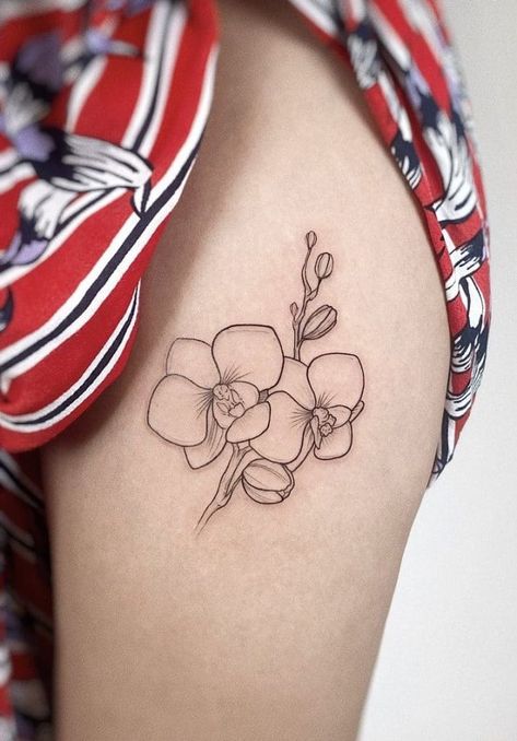 Classy Floral Tattoo, Small Tattoos Orchid, Orchid Tattoo Leg, Aquarius Tattoo Orchid, Orchid Tattoo Design For Women, Orchid Outline Tattoo, Orchid Tattoo Minimalist, Orchid Tattoo Small, Simple Orchid Tattoo