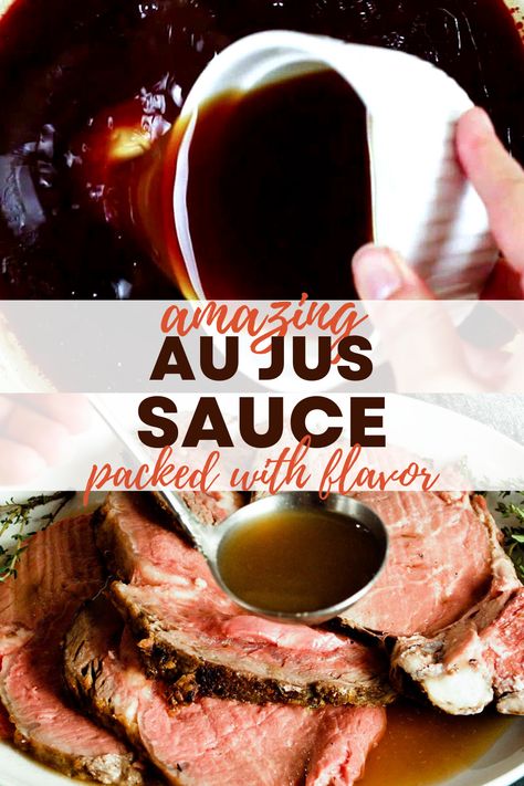 My easy Au Jus Sauce recipe uses meat drippings and just 3 ingredients for the most amazing homemade au jus recipe! Ready in 5 minutes to use with your favorite recipes and sandwiches for dipping. You'll never want to use store-bought au jus gravy mix again! A Jus Sauce Recipe, Homemade Au Jus Recipe, Homemade Au Jus, Au Jus Sauce, Jus Sauce, Prime Rib Au Jus, Best Roast Beef Recipe, Beef Gravy Recipe, Jus Recipe