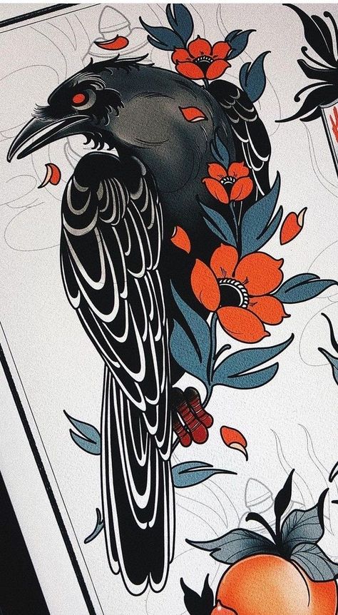 Neo Traditional Art, Rabe Tattoo, Crow Tattoo Design, Neo Tattoo, Crow Tattoo, Raven Tattoo, Traditional Tattoo Design, Instagram Tattoo, Tattoo Portfolio