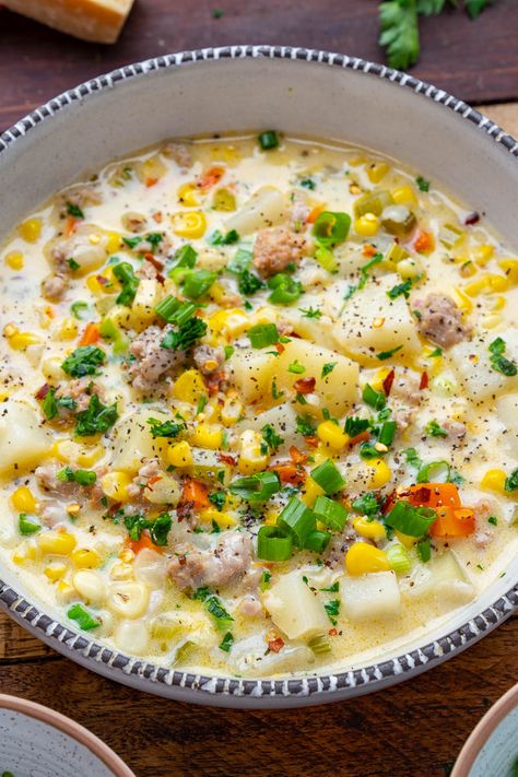 Pioneer Woman Sausage Potato Corn Chowder, Italian Sausage Corn Chowder, Corn Sausage Soup, Corn Chowder Sausage, Sausage Potato Corn Soup, Sausage Corn Chowder Soup, Ground Italian Sausage Soup Recipes, Sausage Potato Corn Chowder, Sausage And Corn Recipes