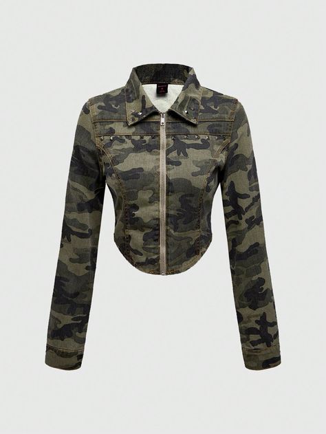 Women's Retro Y2K Style Camouflage Beaded Denim Jacket Green Casual  Long Sleeve Woven Fabric Camo,All Over Print Other Non-Stretch  Women Clothing, size features are:Bust: ,Length: ,Sleeve Length: Casual Home Outfits, Vintage Camo Jacket, Beaded Denim, Mens Christmas Pajamas, Men Loungewear, Cozy Sleepwear, Long Sleeve Denim Jacket, Night Club Outfits, Shapewear Tops