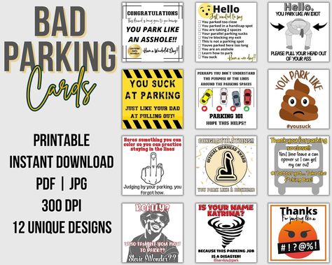 Parking Ticket Humor, Bad Parking Notes, Dance Team Fundraisers, Parking Notes, Driver Card, Diy Note Cards, Bad Parking, Funny Business Cards, Printable Tags Template