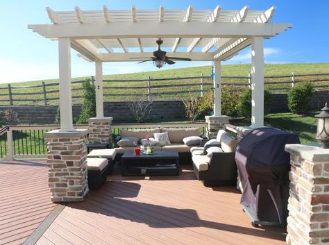 Deck Pergolas, Pergola Patio Ideas Diy, Free Standing Pergola, Vinyl Pergola, Building A Pergola, Pergola Lighting, Pergola Attached To House, Pergola Canopy, Stone Columns