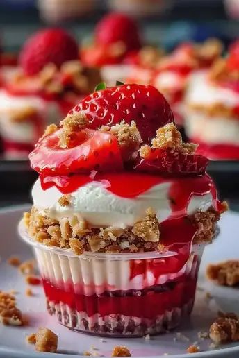 Strawberry Crunch Cheesecake Cups are creamy, no-bake desserts with a sweet crunch. Easy to make! Try this recipe today! Strawberry Crunch Cheesecake Cups, Strawberry Cheesecake Crunch, Crunch Cone, Strawberry Crunch Cheesecake Cones, Strawberry Shortcake Cheesecake Recipe, Strawberry Cheesecake No Bake, Strawberry Cheesecake Cups, Cheesecake Cones, Frozen Strawberry Recipes