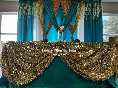 Haldi Backdrop, Egyptian Party, Graduation Backdrop, Gold Backdrop, Backdrop Ideas, Turquoise And Gold, Backdrop Design, Teal And Gold, Ceiling Decor