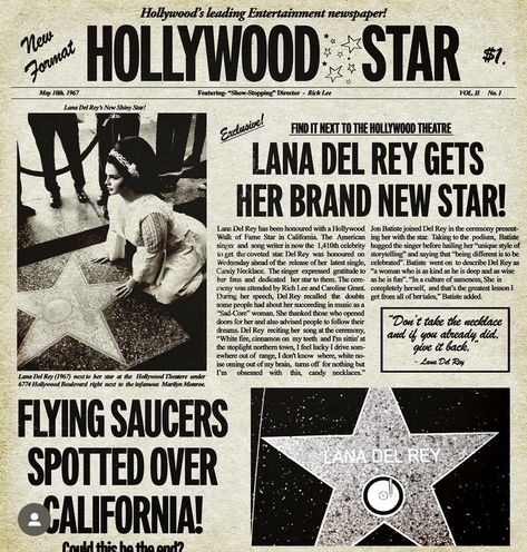 2000s Posters, Lana Del Rey News, Hollywood Theater, Newspaper Collage, Lana Del Rey Vinyl, Affirmations For Kids, Celebrity Singers, Vintage Newspaper, Newspaper Design