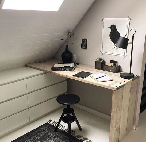 Upstairs Home Office, Creative Home Office Space Ideas, Low Ceiling Attic Office, Small Workspace In Bedroom, Small Loft Office Ideas, Small Loft Office Ideas Upstairs, Slanted Ceiling Office, Loft Office Ideas Upstairs, Attic Office