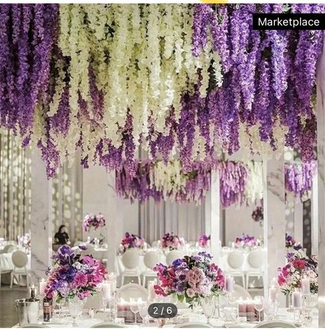 Light Purple Room Ideas, Hanging Flowers From Ceiling, Bridgerton Event, Wisteria Decor, Hanging Floral Decor, Pineapple Cupcake, Hanging Wreaths, Bridgerton Party, Wreaths Wedding