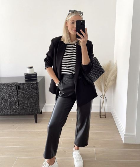 Cropped Leather Pants Outfit Casual, Leather Trousers And Trainers, Black Leather Crop Pants Outfit, Straight Leather Trousers Outfit, Black Leather Cropped Pants Outfit, Rock Office Outfit, Leather Crop Pants Outfit, Black Wide Leg Leather Pants Outfit, Leather Look Trousers Outfit