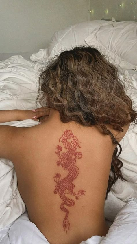 Back Tattoo Women Spine, Dragon Tattoo Back, Protection Tattoo, Red Dragon Tattoo, Dragon Tattoo For Women, Tattoos Geometric, Red Ink Tattoos, Spine Tattoos For Women, Red Tattoos