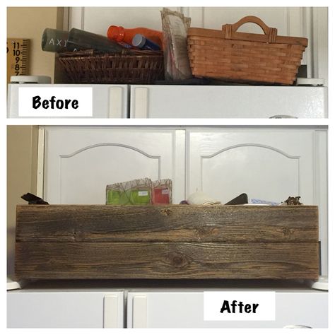 Above fridge storage crate made with reclaimed fence wood. Top Of Fridge Storage Ideas Baskets, Above Fridge Storage Diy, Baskets Above Fridge, Above Fridge Storage Ideas, Top Of Fridge Storage Ideas, Top Of Fridge Storage, Fridge Storage Ideas, Above Fridge Storage, Fridge Top Decor