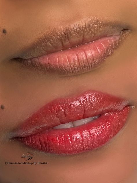 Lip Blush Dark Lip Correction. Lip Blushing Tattoo Colors Dark Skin, Dark Lips To Pink Lips, Lip Blush Neutralization, Lip Neutralization, Dark Pink Lips, Pink Glossy Lips Dark Skin, Tattoo On Dark Skin, Lip Blush Tattoo, Blush Tattoo