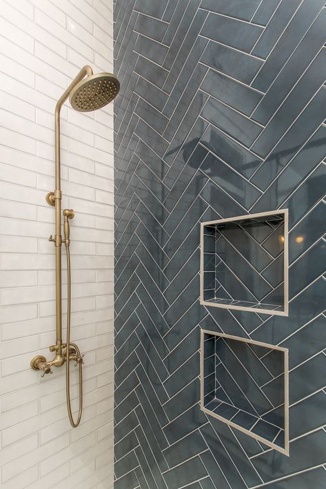 Two Color Tile Shower Ideas, Blue Tile Accent Wall Bathroom, Showers With Tiled Ceilings, Shower Tile Gold Fixtures, Gray Shower Ideas, Colored Tile Bathroom, Shower Accent Wall, Tile Panels, Master Bath Remodel