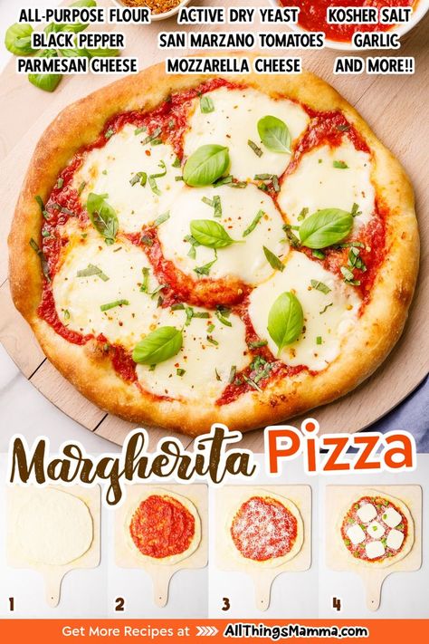 Margherita Pizza served on a wooden pizza peel. steps to make Margherita Pizza. ingredients to make Margherita Pizza. Pizza Basil Mozzarella, Mozzarella Pizza Recipes, Pizza With Fresh Mozzarella, Fresh Mozzarella Pizza, Pizza With Basil, Homemade Chicken Alfredo, Basil Pizza, Week Meals, Mozzarella Pizza