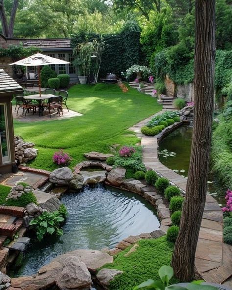 Japan Garden Design, Backyard Streams, Backyard Landscaping Layout, Functional Backyard, Dream Hotel, Fish Pond Gardens, Landscaping Layout, Viking House, Backyard Plan