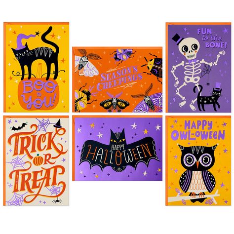 PRICES MAY VARY. Wish friends or family a hauntingly happy holiday with these fun Halloween cards they're sure to find spook-tacular. Card pack contains six foil accented designs, featuring an owl, skeleton, black cat, creepy bugs, bat, and more. Cards are blank inside. Perfect for classroom parties, coworkers, or sending out for a fun surprise to friends and family. Halloween card pack contains 24 greeting cards (4 of each design) with coordinating envelopes. Cards measure 3.75" x 5.2". Printed Owl Skeleton, Black Cat Spooky, Hallmark Halloween, Hallmark Greeting Cards, Ghost And Ghouls, Halloween Card, Season Of The Witch, Cards With Envelopes, Trendy Halloween