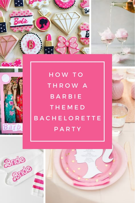 Barbie Bachelorette Party Themes, Barbie Themed Bachelorette Party Ideas, Barbie Bachelorette Invitations, Bridal Barbie Bachelorette, Barbie Theme Bridal Party, Bachelorette Party Ideas Barbie, Barbie Themed Cocktails, Bachelorette Party Themes Barbie, Barbie Themed Wedding