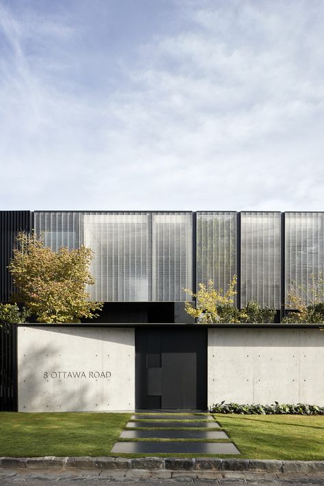 Toorak Residence, House Facades, New Architecture, Glass Brick, Architecture Graphics, Garage Design, Curated Design, Australian Homes, Green Landscape