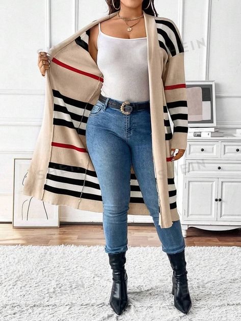 Style:Casual \nDetails:Pocket \nSleeve Type:Drop Shoulder \nColor:Multicolor \nPattern Type:Colorblock \nPattern Type:Striped \nSleeve Length:Long Sleeve \nLength:Midi \nFit Type:Loose \nFabric:Medium Stretch \nMaterial:Knitwear \nComposition:49% Viscose \nComposition:28% Polyester \nComposition:23% Polyamide \nCare Instructions:Machine wash or professional dry clean \nTemperature:Late Fall (10-17℃/50-63℉) \nSheer:No \n Professional Fall Outfits Women, Thick Thighs Fashion, Plus Size Style Inspiration, Thrift Outfits, Everyday Outfits Fall, Healthy Gummies, Job Outfits, Fall Thrift, Plus Size Cardigans