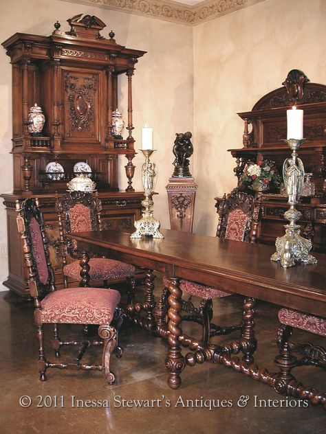 Antique Renaissance style dining room. To most of us, antique French furniture means furnishings from the 18th and 19th century, so we conjure up mental pictures of that period.  This is rightly so, because 18th century France was an amazing period of great innovation in design and the decorative arts.   This continued through the 19th century witnessing the rise of the middle class and inventions of the industrial era. #antique 19th Century Furniture, 18th Century Furniture, French Victorian Living Room, 1800s Furniture, Infant Bedroom, Victorian Living Room Furniture, Antique Dining Room Furniture, Restoration Furniture, Antique Furniture Victorian