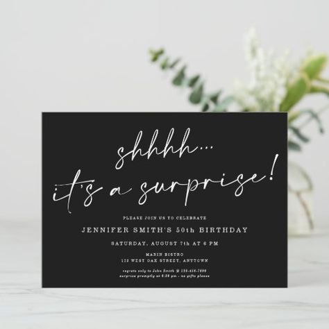 $3.08 | Modern Chic Script Shhhh Surprise Birthday Party #surprise birthday party, shhhh, modern, chic, black, script, birthday, retirement, 50th, surprise party 50th Surprise Birthday Party Invitations, Surprise Party Invite, Surprise Party Invitations, Surprise Birthday Invitations, Surprise Birthday Party, Retirement Invitations, 21st Birthday Invitations, 50th Birthday Invitations, Party Stationery