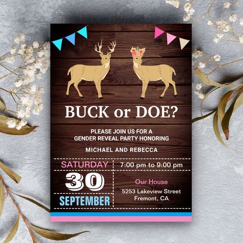 Buck Or Doe Gender Reveal, Cute Gender Reveal, Cute Gender, Gender Reveal Party Invitations, Buck And Doe, Appointment Cards, Gender Reveal Invitations, Baby Gender Reveal, Rustic Invitations