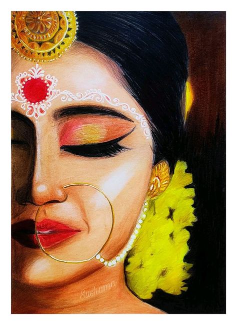 Portrait With Pencil Colour, Half Shiva Half Parvati Drawing, Oil Pestal Art, Indian Art Paintings Modern Indian Art Paintings, Cute Project Ideas For School, Monjolika Bhool Bhulaiya, Ganesh Art Paintings Beautiful, Indian Culture Art Drawing, Pencil Colour Drawing Ideas