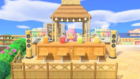 Acnh Beach Spa Ideas, Acnh Sushi Bar Beach, Animal Crossing Smoothie Bar, Acnh Juice Bar Ideas, Juice Bar Animal Crossing, Acnh Beach Bar Design, Animal Crossing Restaurant Ideas Outside, Acnh Beach Ideas Tiki Bar, Acnh Beach Bar Ideas