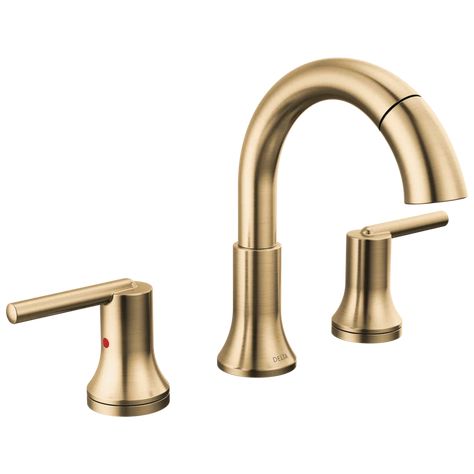 Delta Trinsic 3-Hole Widespread Pull Out Sprayer Bathroom Faucet, 2-Handle Bathroom Sink Faucet | Wayfair Delta Trinsic Champagne Bronze, Gold Bathroom Faucet, Delta Trinsic, Contemporary Bath, Pull Out Faucet, Bath Collection, Bathroom Hardware Set, Modern European, Widespread Bathroom Faucet