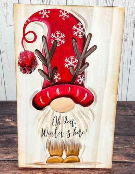 Wine And Canvas Christmas Paintings, Winter Nomes Painting, Christmas Gnomes Painting On Canvas, Christmas Wine And Canvas Ideas, Christmas Gnome Painting Canvas Diy, Painting Gnomes On Canvas, Christmas Gnome Porch Sign, Painting Christmas Gnomes, Gnome Painted Ornaments