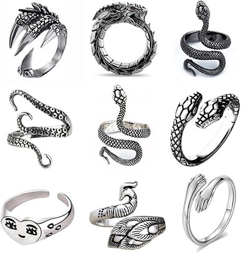 Vintage Punk Snake Rings Animal Dragon Frog Ring for Men Adjustable Open Knuckle Stacking Serpent Masculine Ring Set (11PCS) : Amazon.ca: Clothing, Shoes & Accessories Back Of Neck Tattoos For Women, Medusa Headpiece, Girls Midi, Rings Pack, Back Of Neck Tattoo, Neck Tattoos Women, July Outfits, Serpent Ring, Snake Lovers