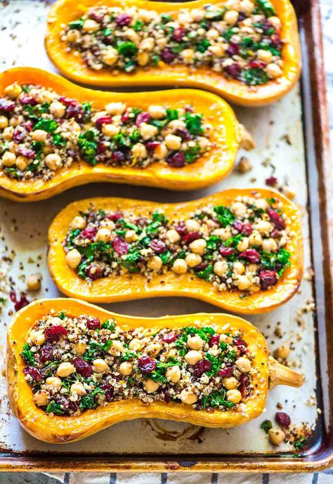 Jillian Harris - Vegan Easter Dinner-14 Kale And Chickpeas, Vegetarian Side Dish Recipes, Stuffed Butternut Squash, Stuffed Butternut, Chickpeas Recipe, Quinoa Kale, Stuffed Squash, Vegan Easter, Healthy Thanksgiving Recipes